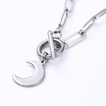 Moon 304 Stainless Steel Pendant Necklaces, with Paperclip Chains and Toggle Clasps, Stainless Steel Color, 17.20 inch(43.7cm)