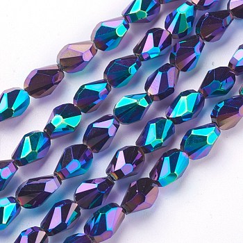 Electroplate Glass Beads Strands, Full Plated, teardrop, Faceted, Colorful, 8.5x6x6mm, Hole: 1mm, 21.2~23.2 inch(54~59cm), 65~70pcs/strand