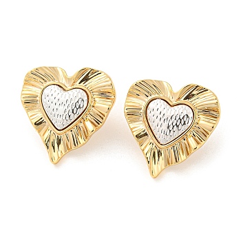 Brass Stud Earrings, with 925 Sterling Silver Pin, Textured, Heart, Golden & Silver, 24.5x24mm