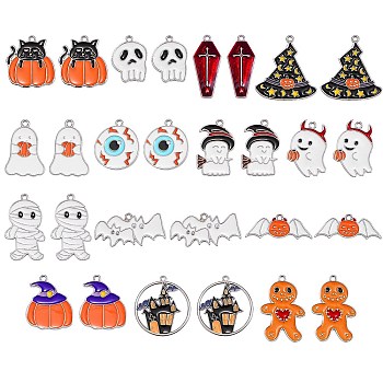 28Pcs 14 Styles Halloween Theme Alloy Enamel Pendants, Mixed Shapes, Mixed Color, Mixed Color, 2pcs/style