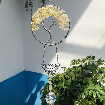 Glass Teardrop Pendant Decoration, Hanging Suncatchers, with Natural Citrine Chip Tree of Life, for Window Home Garden Decoration, Butterfly, 370mm
