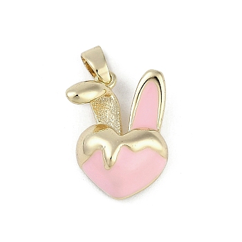 Brass Enamel Pendants, Real 18K Gold Plated, Heart Rabbit Charm, Pink, 16x11.5x6mm, Hole: 2.5x5mm