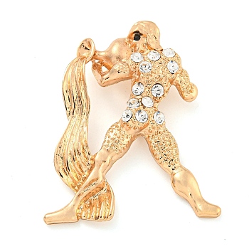 Golden Zinc Alloy with Rhinestone Brooches, Twelve Constellations, Pisces, 53x41x13mm