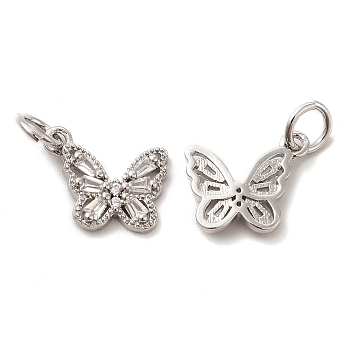 Rack Plating Brass Micro Pave Cubic Zirconia Charms, Butterfly Charm, with Jump Ring, Long-Lasting Plated, Lead Free & Cadmium Free, Platinum, 11x9.5x2mm, Hole: 3mm