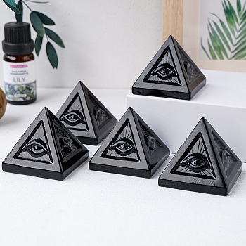 Natural Obsidian Display Decorations, Reiki Energy Stone Ornament, All Seeing Eye Egyptian Pyramid, 40x40x40mm