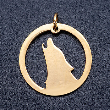 201 Stainless Steel Pendants, with Unsoldered Jump Rings, Flat Round with Wolf, Golden, 20x1mm, Hole: 3mm, Jump Ring: 5x0.8mm