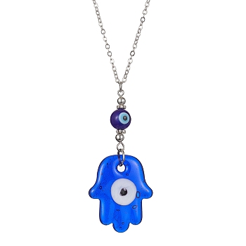Transparent Handmade Lampwork Religion Hamsa Hand Pendant Necklaces, Blue Evil Eye Necklace with Brass Cable Chains, Platinum, 15.39 inch(39.1cm)