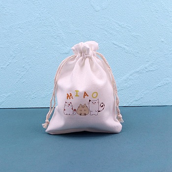 Printed Cotton Cloth Storage Pouches, Rectangle Drawstring Bags, for Candy Gift Bags, White, Cat Shape, 14x10cm