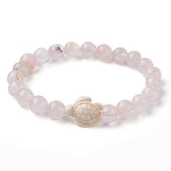 Natural Rose Quartz Round & Synthetic Turquoise Turtle Beaded Stretch Bracelet for Women, Inner Diameter: 2-1/8 inch(5.5cm)