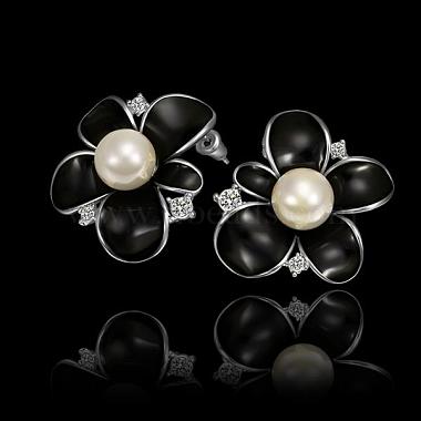 Flower Real Platinum Plated Tin Alloy Rhinestone Pearl Enamel Ear Studs For Women(EJEW-BB13560)-7