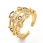 Brass Micro Pave Cubic Zirconia Cuff Rings for Women, Long-Lasting Plated Wide Band Ring, Cadmium Free & Lead Free, Real 18K Gold Plated, Lilac, 2mm, Inner Diameter: 17mm(RJEW-P087-05G-02)