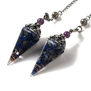 Natural Lapis Lazuli Dowsing Pendulum Big Pendants, with Resin, Amethyst & Quartz Crystal, Hexagonal Cone, 300mm, Hole: 1.5mm(G-H285-02P-05)