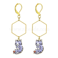 Rack Plating Alloy Cat Dangle Leverback Dangle Earrings, Golden Brass Long Drop Earrings, Lilac, 66x19.5mm(EJEW-JE05502-01)