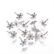 304 Stainless Steel Ear Stud Components, For Pointed Back Rivoli Rhinestone, Flower, Stainless Steel Color, Fit For 2.5mm Rhinestone, 8mm, Pin: 0.8mm(STAS-F222-045)
