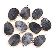 Electroplate Natural Rutilated Quartz Pendants, with Iron Findings, Oval, Golden, 27~29x18~19.5x4~5mm, Hole: 1.8mm(G-S344-11A)
