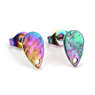 Ion Plating(IP) 304 Stainless Steel Stud Earring Findings, with Hole, Textured Teardrop, Rainbow Color, 10x6mm, Hole: 1mm, Pin: 0.8mm(STAS-O119-28MC)