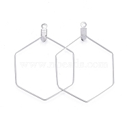 304 Stainless Steel Wire Pendants, Hoop Earring Findings, Hexagon, Stainless Steel Color, 24 Gauge, 41x29x0.5mm, Hole: 1.2mm(STAS-L238-075P)