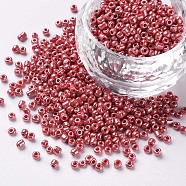 12/0 Glass Seed Beads, Opaque Colors Lustered, Round, Round Hole, Crimson, 12/0, 2mm, Hole: 1mm, about 3333pcs/50g, 50g/bag, 18bags/2pounds(SEED-US0003-2mm-125B)