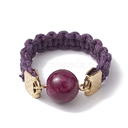 Glass Round Ball Braided Bead Style Finger Ring, with Waxed Cotton Cords, Dark Red, Inner Diameter: 18mm(RJEW-JR00600-02)