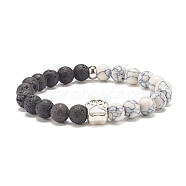 Synthetic Howlite & Natural Lava Rock Round Beaded Stretch Bracelet with Alloy Paw Print, Gemstone Jewelry for Women, Antique Silver, Inner Diameter: 2 inch(5.1cm)(X-BJEW-JB07843)