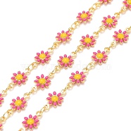 Brass Daisy Flower & Oval Link Chains, with Enamel & Spool, Soldered, Real 18K Gold Plated, Deep Pink, Links: 13x7.5x2mm, 4x3x0.6mm(CHC-I035-13G-09)