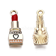 Alloy Crystal Rhinestone Pendants, with Enamel and ABS Plastic Imitation Pearl Bead, Cadmium Free & Lead Free, Light Gold, Lipstick, Red, 22x8x3mm, Hole: 2mm(X-ENAM-S119-080-RS)