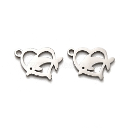 Valentine's Day 316 Surgical Stainless Steel Charms, Laser Cut, Heart Charm, Stainless Steel Color, Dolphin, 14.5x16x1mm, Hole: 1.6mm(STAS-H190-15P-03)