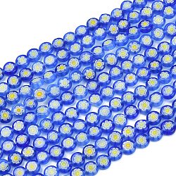 Handmade Millefiori Glass Flat Round Bead Strands, Single Flower Design, Royal Blue, 6x2.5mm, Hole: 1mm, about 64~68pcs/strand, 14.5~15 inch(LK-P010-04)