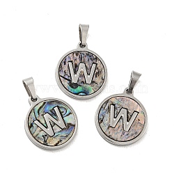 304 Stainless Steel with Paua Shell Pendants, Stainless Steel Color, Flat Round with Letter Charm, Letter.W, 18x16x1.5mm, Hole: 3x6mm(STAS-G268-02W-P)