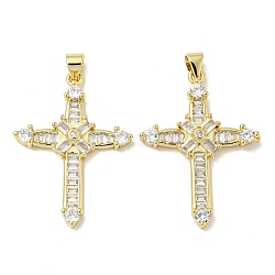 Rack Plating Brass Micro Pave Cubic Zirconia Pendants, Long-Lasting Plated, Lead Free & Cadmium Free, Cross Charms, Religion, Real 18K Gold Plated, 33x24x4mm, Hole: 5x3mm(KK-F869-11G)