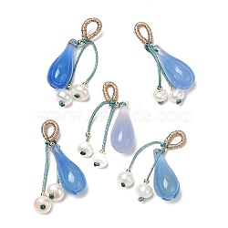 Natural Blue Agate Teardrop Pendant Decorations, Natural Pearl Tassel Ornament with Brass Findings, Real 14K Gold Plated, 40mm, Hole: 5x3mm(AJEW-P108-04G)
