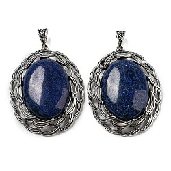 Natural Lapis Lazuli Big Pendants, Tibetan Style Antique Silver Plated Alloy Oval Charms, 61x47x12~14mm, Hole: 8.5x5.5mm(G-C104-01C-AS)