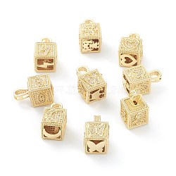 Brass Micro Pave Clear Cubic Zirconia Pendants, Long-Lasting Plated, Cube with Mixed Pattern, Real 18K Gold Plated, 19~21x12~13x12~13mm, Hole: 6.7×3.7mm(ZIRC-J041-17)