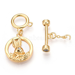 Shell Toggle Clasps, with Brass Crystal Rhinestone Findings, Flat Round with Rabbit, Real 18K Gold Plated, 41.5mm, Flat Round: 17x15x3.5mm, O Clasps: 12x12x1mm, T Clasps: 5.5x18x4mm(KK-P223-10G)
