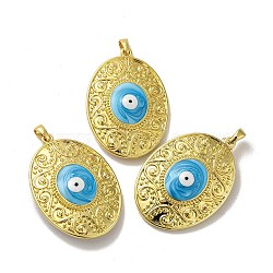Rack Plating Brass Pendants, with Enamel, Long-Lasting Plated, Lead Free & Cadmium Free, Real 18K Gold Plated, Oval with Evil Eyes, Deep Sky Blue, 50.5x35x9.5mm, Hole: 6x3mm(KK-H473-01G-07)