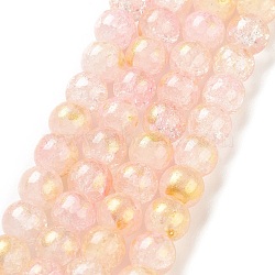Baking Painted Crackle Glass Bead Strands, with Gold Powder, Round, Pink, 8mm, Hole: 1.2mm, about 103pcs/strand, 30.08~30.7''(76.4~78cm)(DGLA-R053-03E)