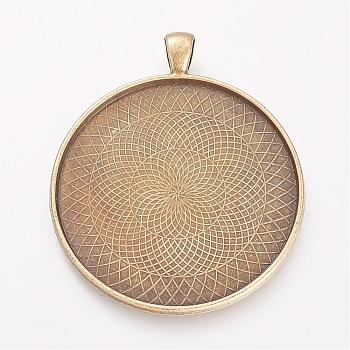 Tibetan Style Alloy Pendant Cabochon Settings, Cadmium Free & Nickel Free & Lead Free, Flat Round, Antique Bronze, Tray: 45mm, 56x48x2mm, Hole: 6x4mm, about 99pcs/1000g