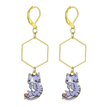 Rack Plating Alloy Cat Dangle Leverback Dangle Earrings, Golden Brass Long Drop Earrings, Lilac, 66x19.5mm