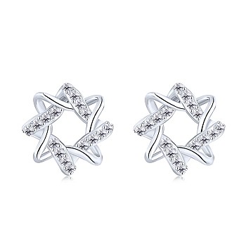 Rhodium Plated 925 Sterling Silver Micro Pave Cubic Zirconia Stud Earrings for Women, with S925 Stamp, Star, Real Platinum Plated, 8.5mm