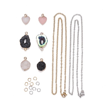 DIY Necklaces Making Kits, Including Flat Round & Heart Resin Pendants, Nuggets Resin Links Connectors, 304 Stainless Steel Open Jump Rings & Cable Chain Necklaces, Mixed Color, Resin Pendants: 4pcs/bag