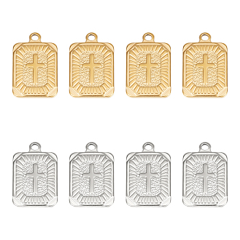 Unicraftale 8Pcs 2 Colors 304 Stainless Steel Pendants, Rectangle with Cross, Mixed Color, 25.5x17x4mm, Hole: 1.8mm, 4pcs/color