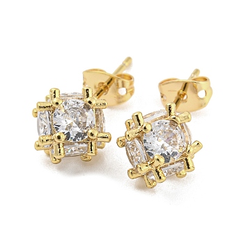 Brass Micro Pave Cubic Zirconia Ear Studs, Square, Real 18K Gold Plated, 8.5x8.5mm