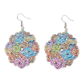 Spray Painted Stainless Steel Flower Dangle Earrings, Etched Metal Embellishments, with Iron Earring Hooks, Stainless Steel Color, Colorful, 70mm, Pin: 0.7mm