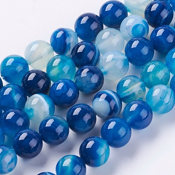 Round Dyed Natural Striped Agate/Banded Agate Beads Strands, Royal Blue, 8mm, Hole: 1mm, about 48pcs/strand, 15.2 inch