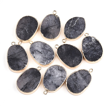 Electroplate Natural Rutilated Quartz Pendants, with Iron Findings, Oval, Golden, 27~29x18~19.5x4~5mm, Hole: 1.8mm