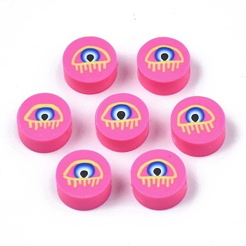 Handmade Polymer Clay Beads, Flat Round with Evil Eye, Hot Pink, 9.5~10x4.5mm, Hole: 1.6mm