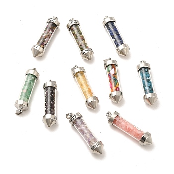 Mixed Gemstone Chip Glass Bottle Big Pendants, with Alloy Findings, Bullet Charm, 55x14.5mm, Hole: 6x4mm