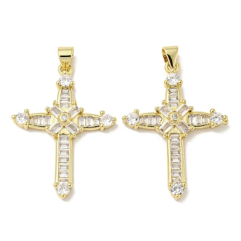 Rack Plating Brass Micro Pave Cubic Zirconia Pendants, Long-Lasting Plated, Lead Free & Cadmium Free, Cross Charms, Religion, Real 18K Gold Plated, 33x24x4mm, Hole: 5x3mm