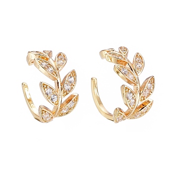 Brass Micro Pave Clear Cubic Zirconia Cuff Earrings, Leafy Branches, Golden, 15x8.5mm, Inner Diameter: 12mm