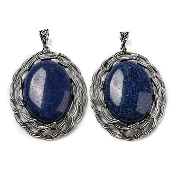 Natural Lapis Lazuli Big Pendants, Tibetan Style Antique Silver Plated Alloy Oval Charms, 61x47x12~14mm, Hole: 8.5x5.5mm